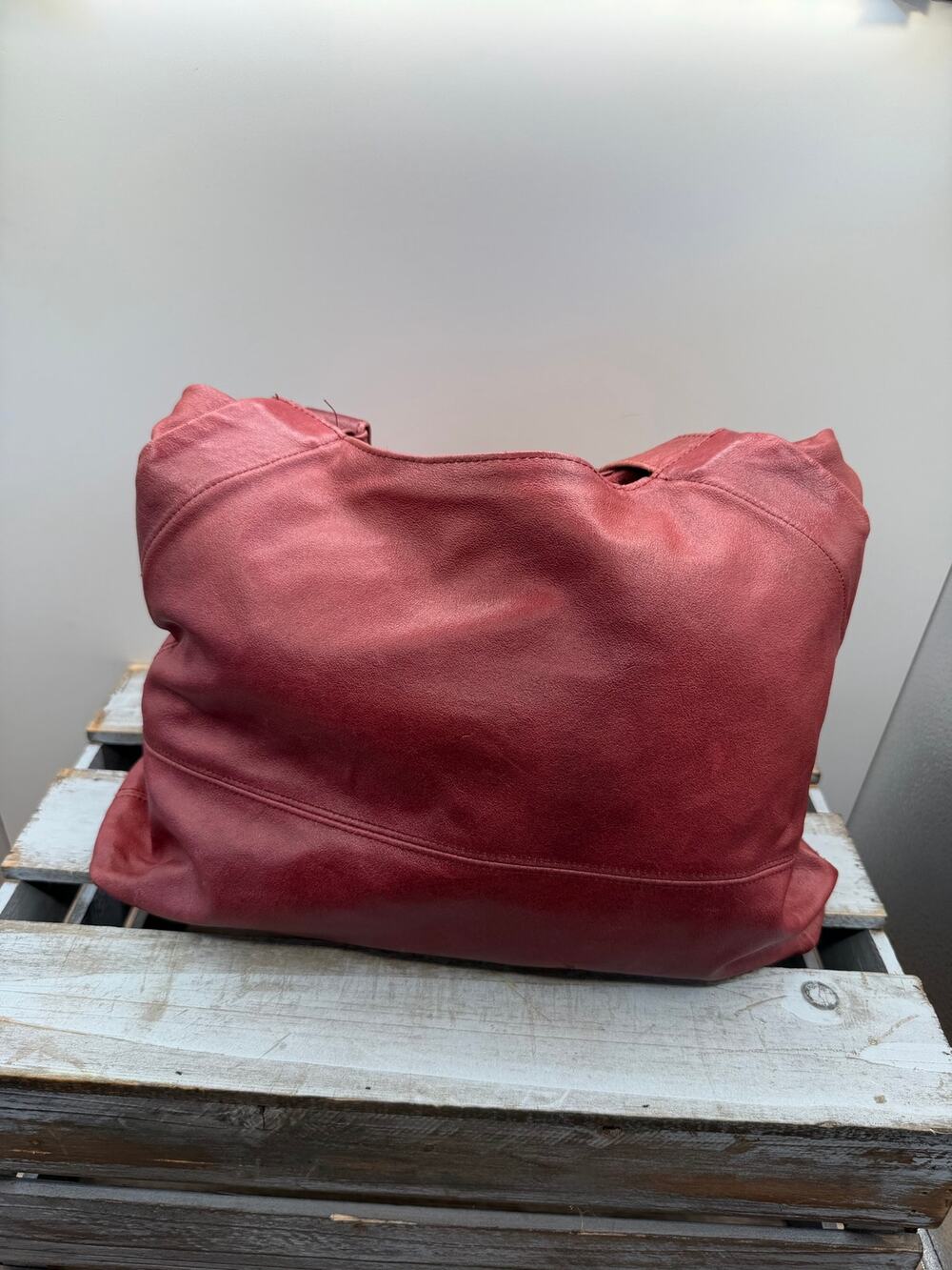 Vintage Red Leather Slouchy Hobo Shoulder Bag -Brass Buckle Grommet/Strap Purse
